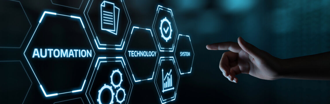 Hand pointing to virtual representation of automation and technology pathway
