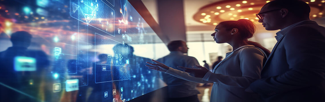 Business people viewing a digital screen in a conference auditorium,