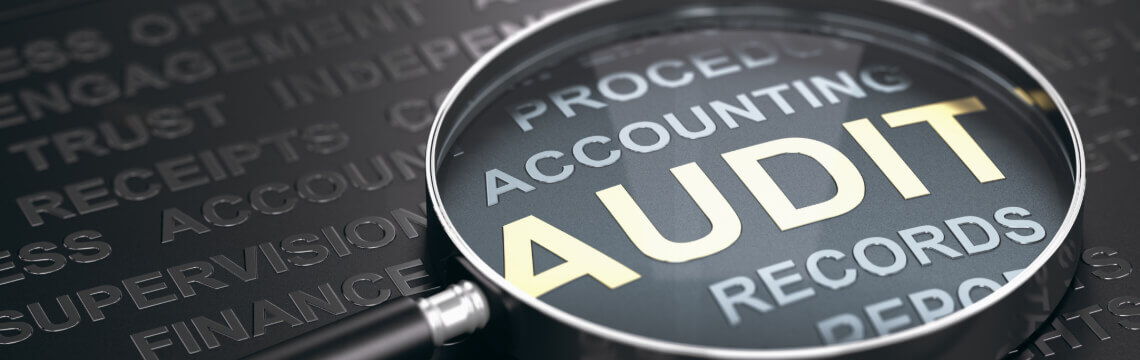 Magnifying glass augmenting the word audit.