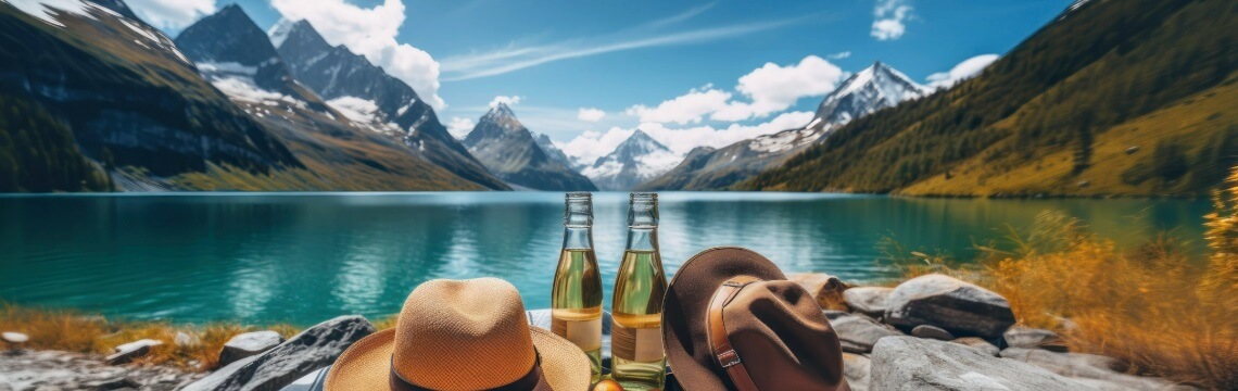 Picnic with wine by lake and snow-capped mountains