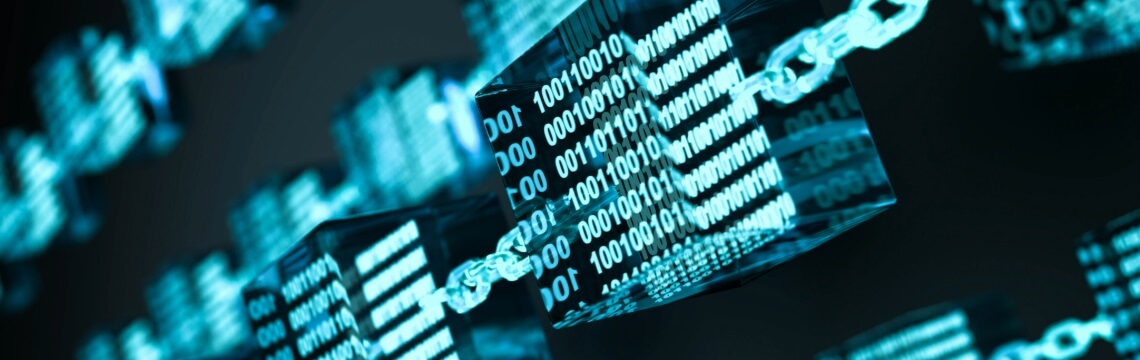 Depiction of blockchain, blocks with codes linked by chains