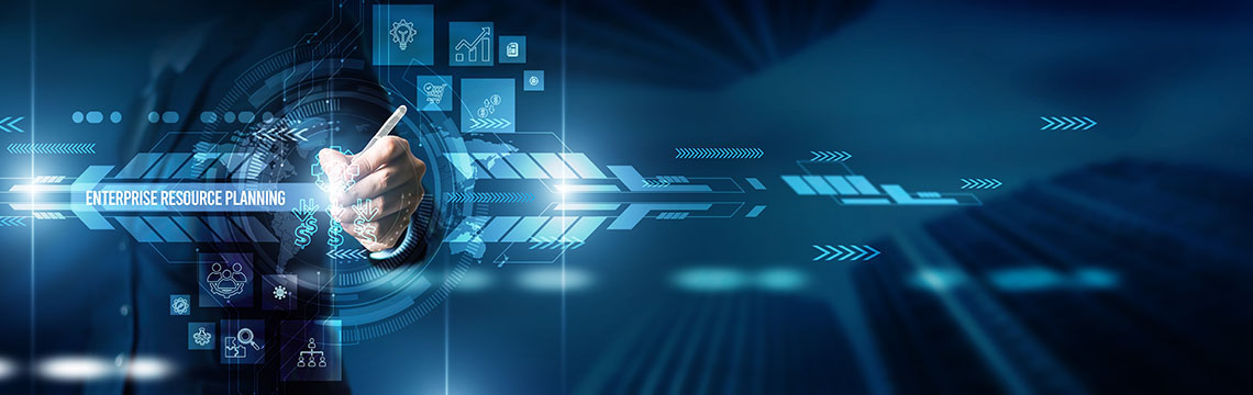 AI ERP workflow diagram with hand holding pointer 