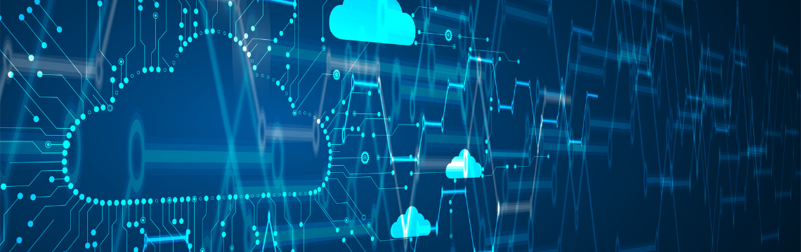 Abstract digital illustration of cloud icons and data circuits