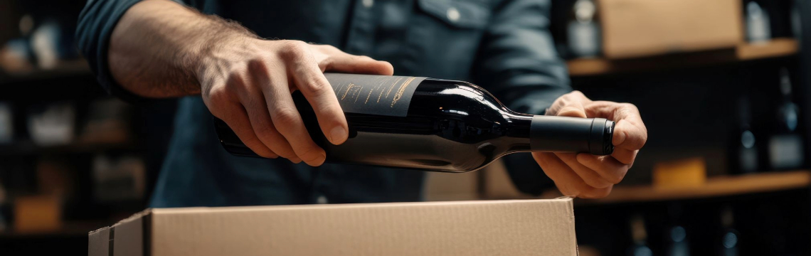 Wine producer boxing a bottle of red wine. 