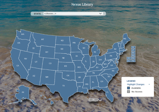 Nexus map map of the United States that show sales tax nexus information