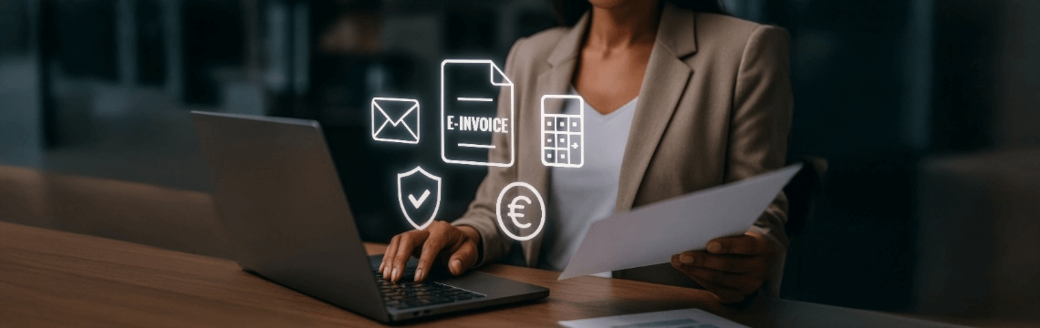Woman behind computer with digital images of European currency and e-invoicing hovering above the screen.