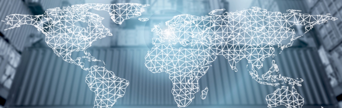 World map superimposed on shipping containers at port.
