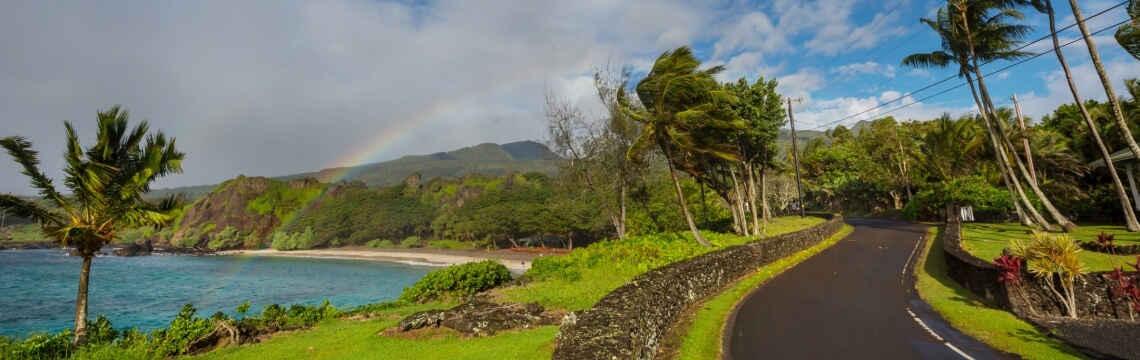 Winding road on Maui, Hawaii, next to ocean.