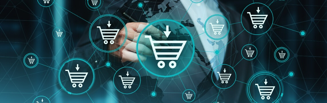 Hand pointing at digital shopping cart icons.