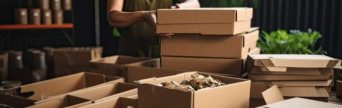 Retailer boxing goods for shipment.