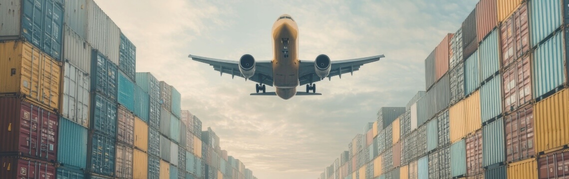 Cargo plane flying over shipping containers