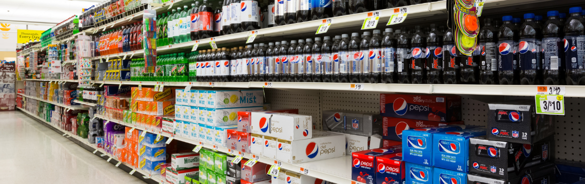 Soda aisle in a grocery store.