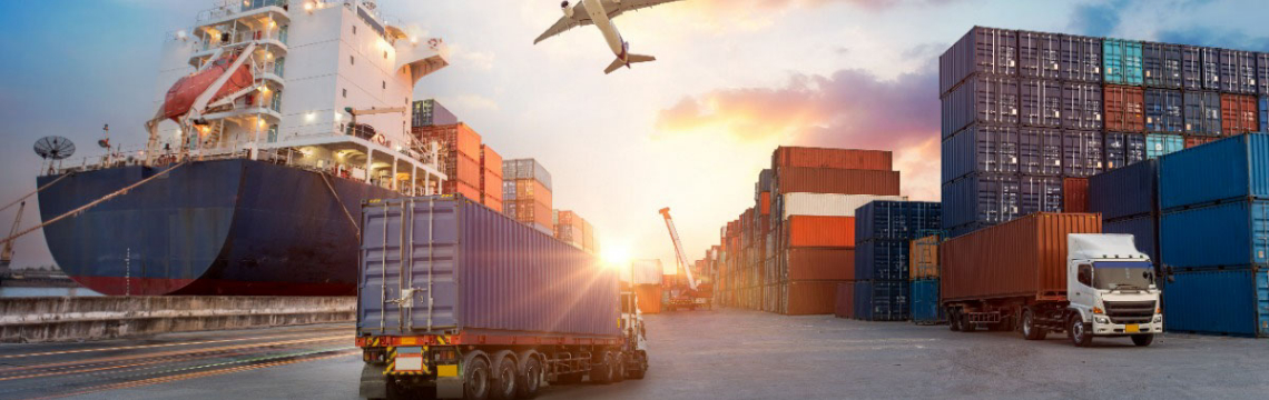 Aspects of international trade such as planes, ships, and shipping containers