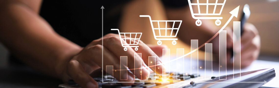 Digital image of shopping carts hovering over a tablet