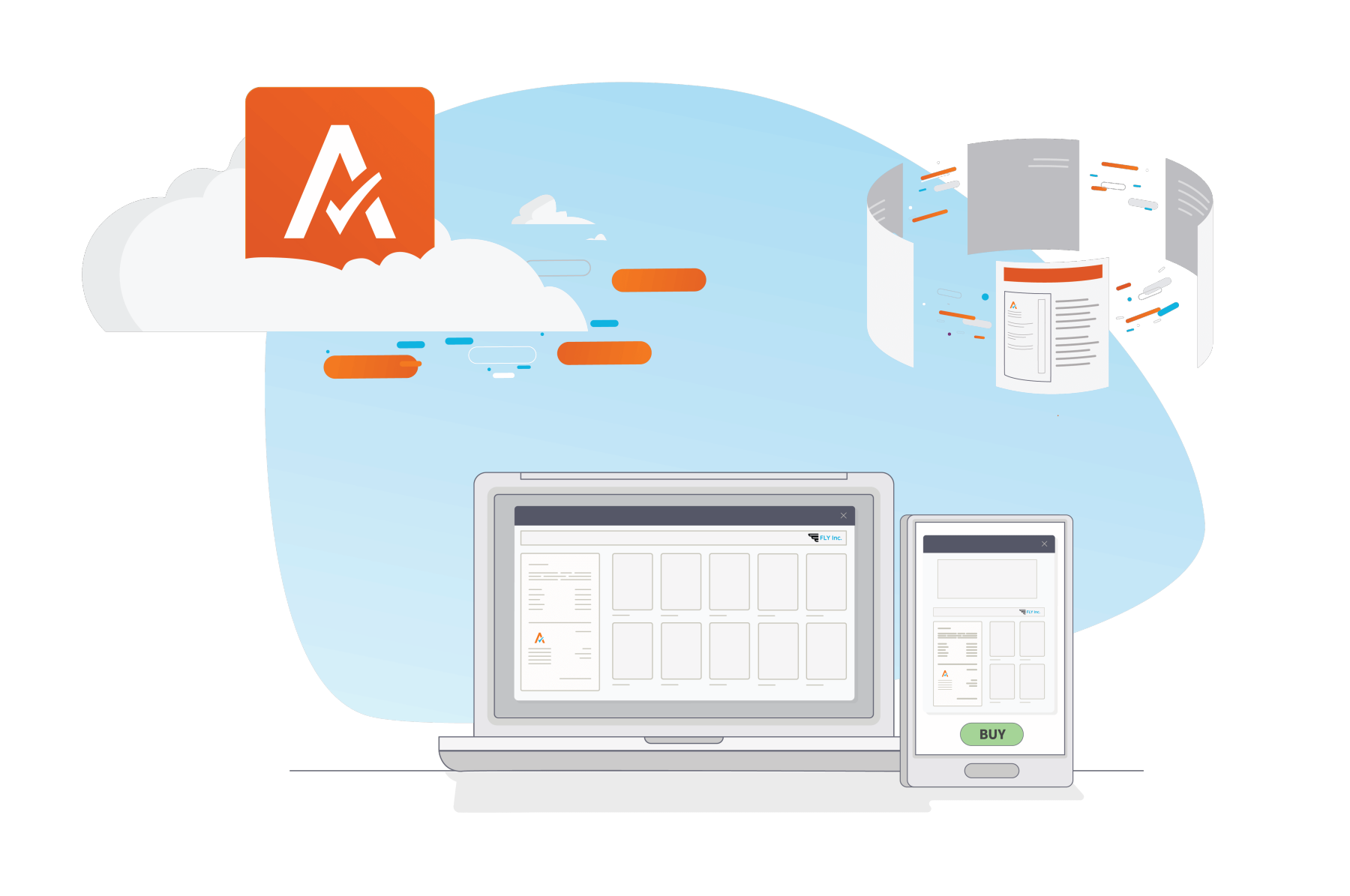 Illustration of Avalaras cloud-based tax software with documents, a laptop, and a mobile device displaying tax-related interfaces.