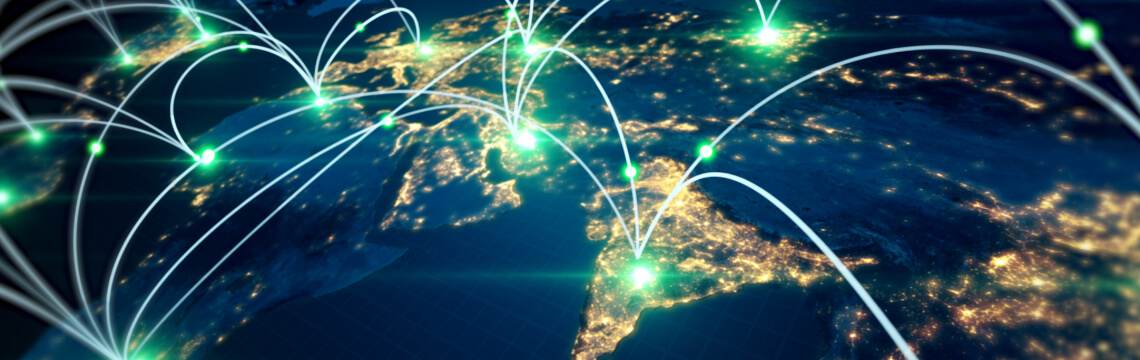 Digital world map showing connections between locations