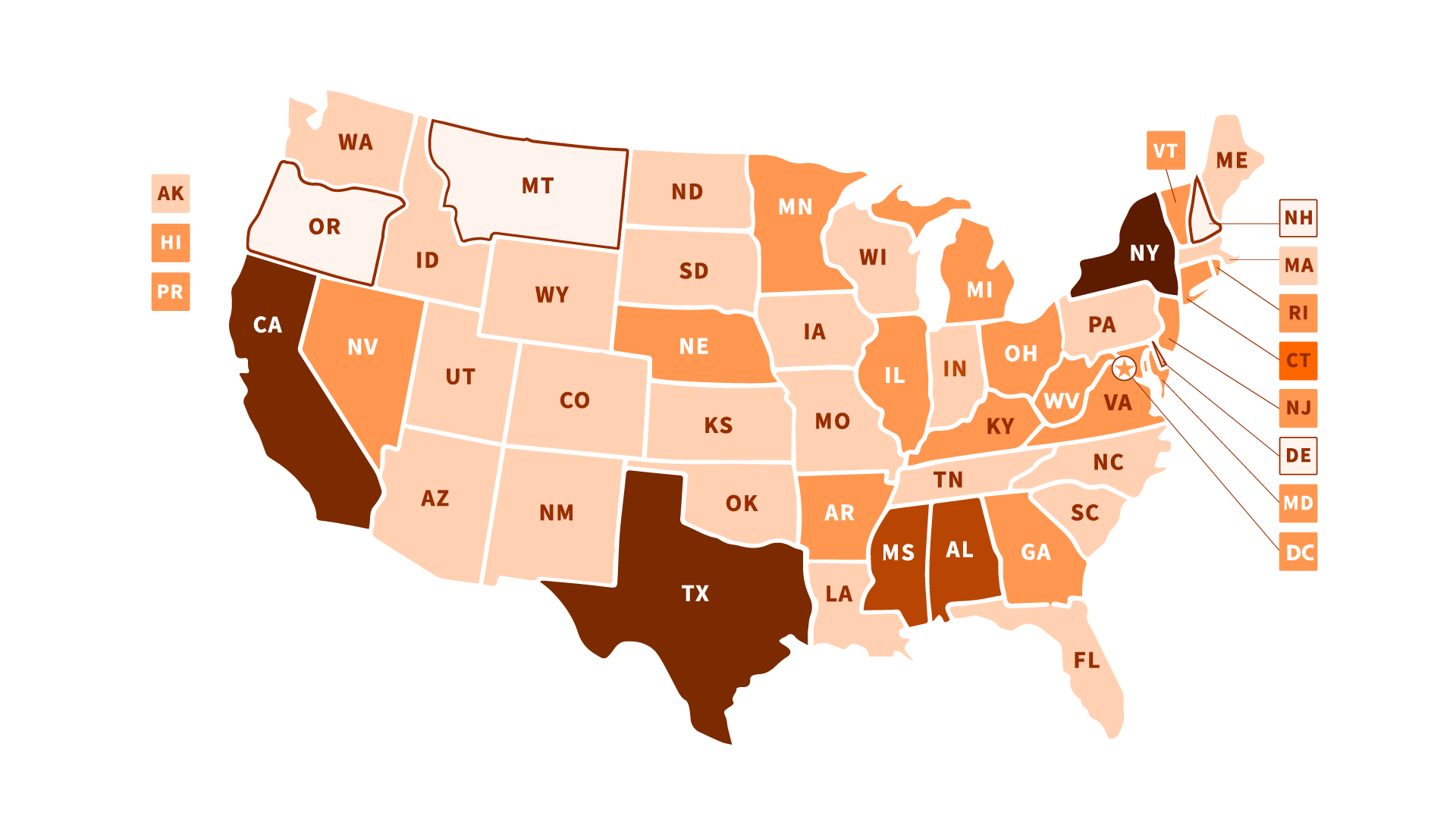Map of United States showing what states include in their economic nexus thresholds