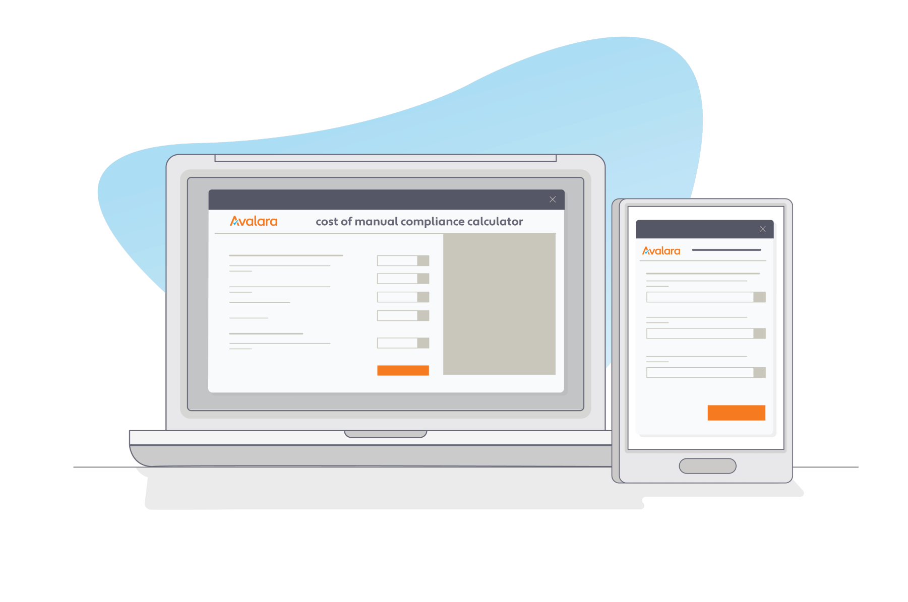 Illustration of Avalaras "Cost of Manual Compliance Calculator" displayed on a laptop and smartphone screen.